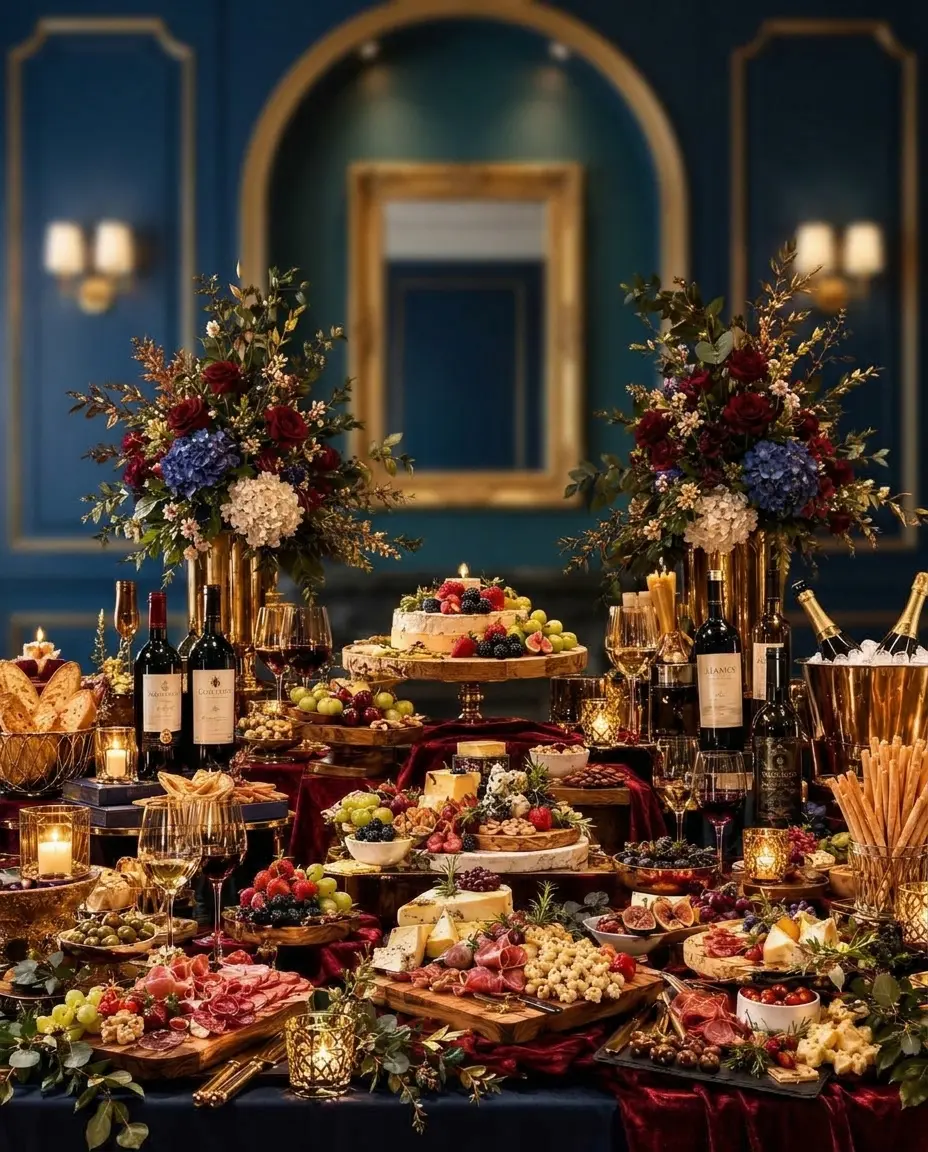 A candlelit Gather & Graze grazing table with cheeses, charcuterie, fresh fruit, wine and floral arrangements