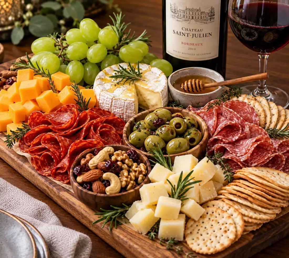 Artisan charcuterie and cheese board with brie, salami, olives, nuts, grapes and crackers
