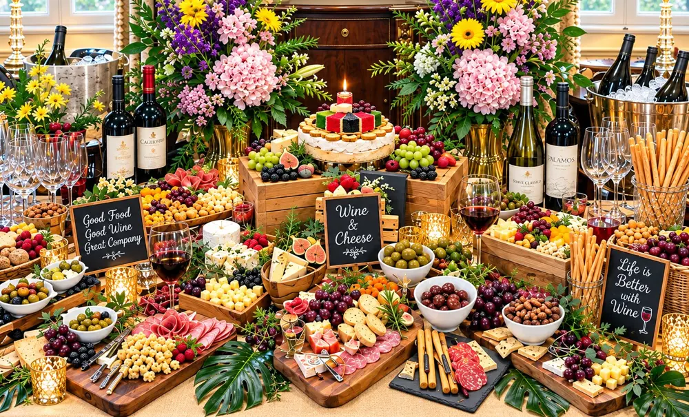 A wide view of an abundant grazing table with wooden crates of cheese, charcuterie, fruit, breadsticks and wine, beneath colourful floral arrangements and chalkboard signs