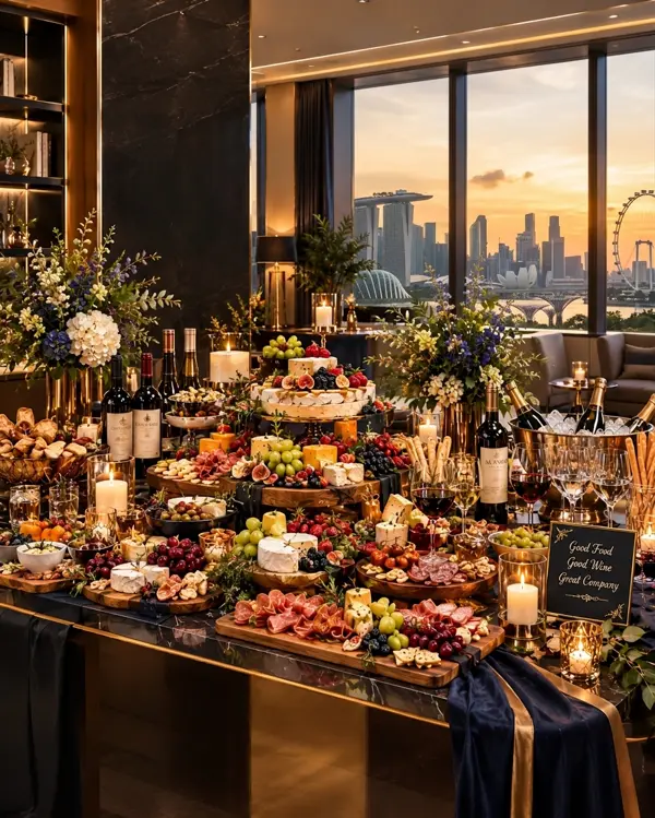 A candlelit grazing table of cheeses, cured meats, fruit and wine in front of floor-to-ceiling windows overlooking the Singapore skyline at sunset